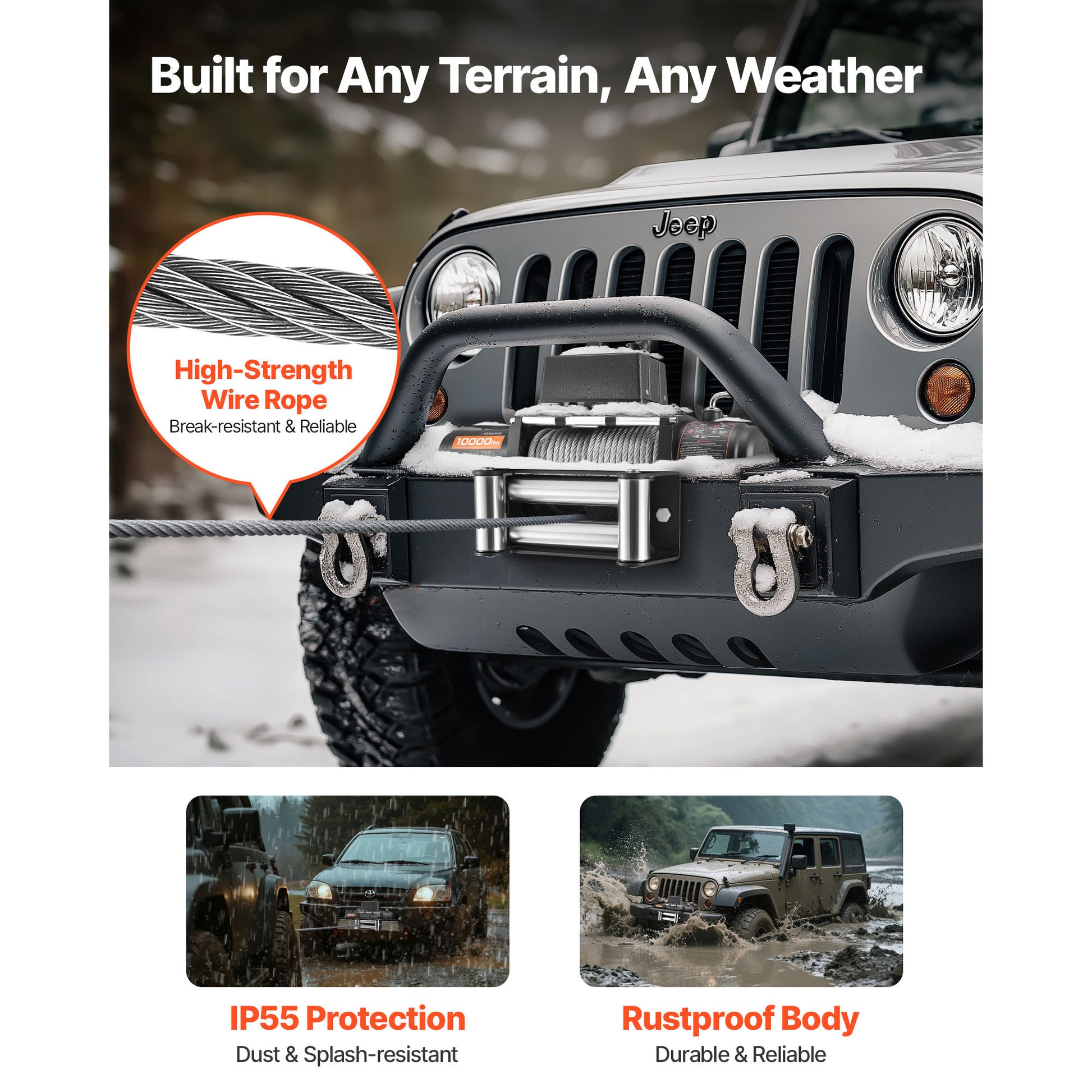 Electric Winch, 10000 lbs Load Capacity, 12V DC Truck Winch with Φ21/64 in x 65 ft Steel Rope, Wireless & Wired Remote Control, IP55 Waterproof for Towing SUV Jeep Trailer Boat Off-Road Vehicle image 7
