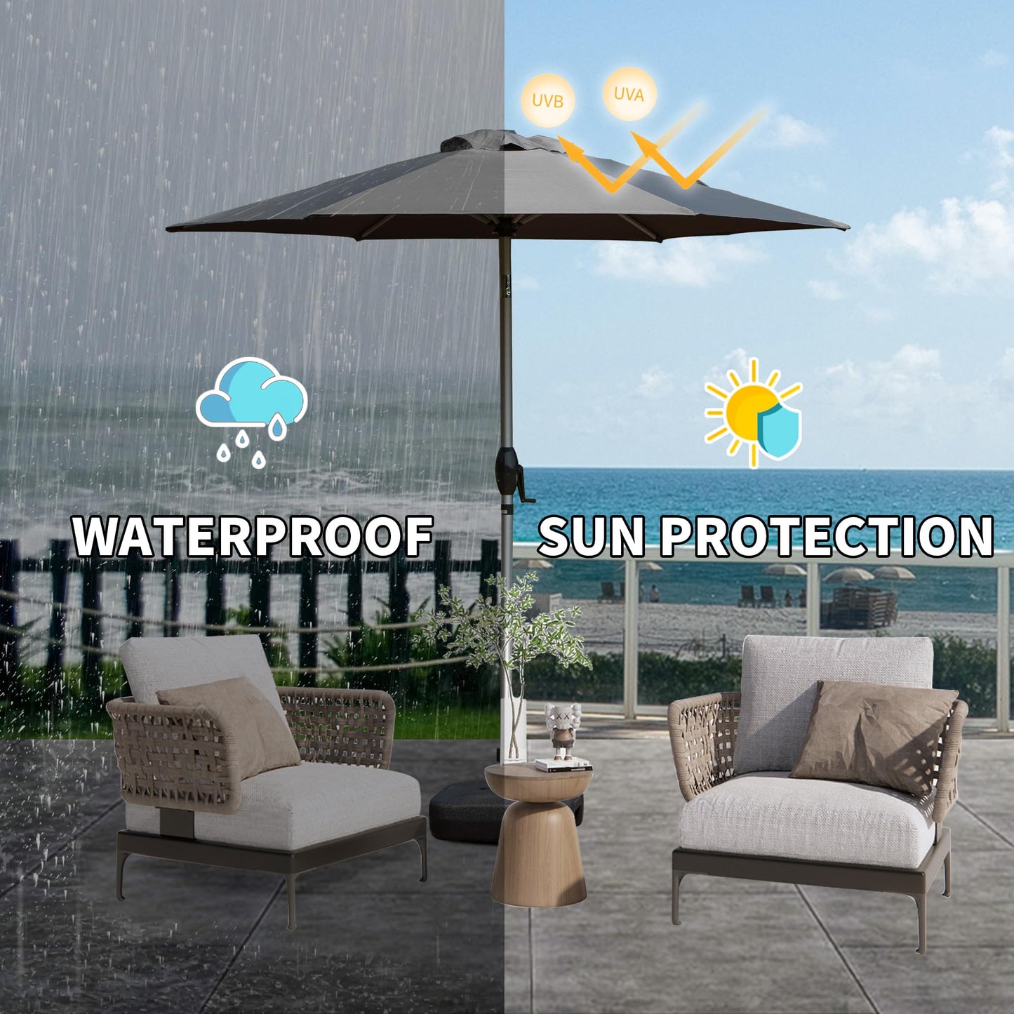 7.5FT Patio Umbrella, Outdoor Table Umbrella with Push Button Tilt and Crank, UV Protection Waterproof Market Sun Umbrella with 6 Sturdy Ribs for Garden, Deck, Backyard, Pool (Gray) image 2