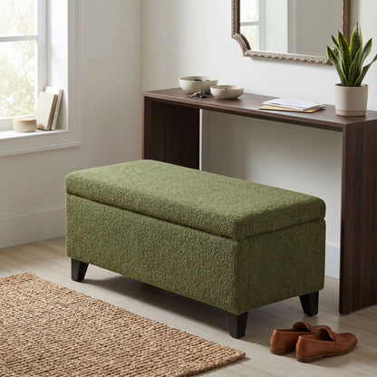 Storage Ottoman with Flip-Top Lid, Easy Assembly, Boucle Fabric & Rubber Wood Legs, Retro Green image 3