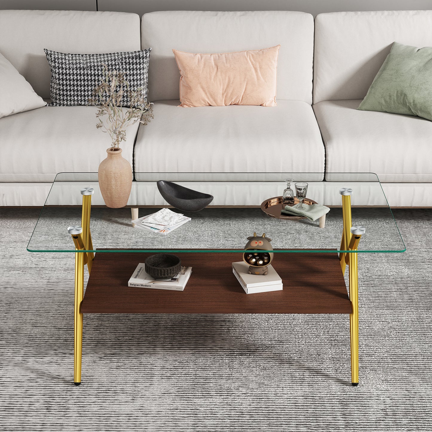 Rectangle Coffee Table with Tempered Glass top and Golden Metal Legs, Modern Table for Living Room, Transparent Glass image 4