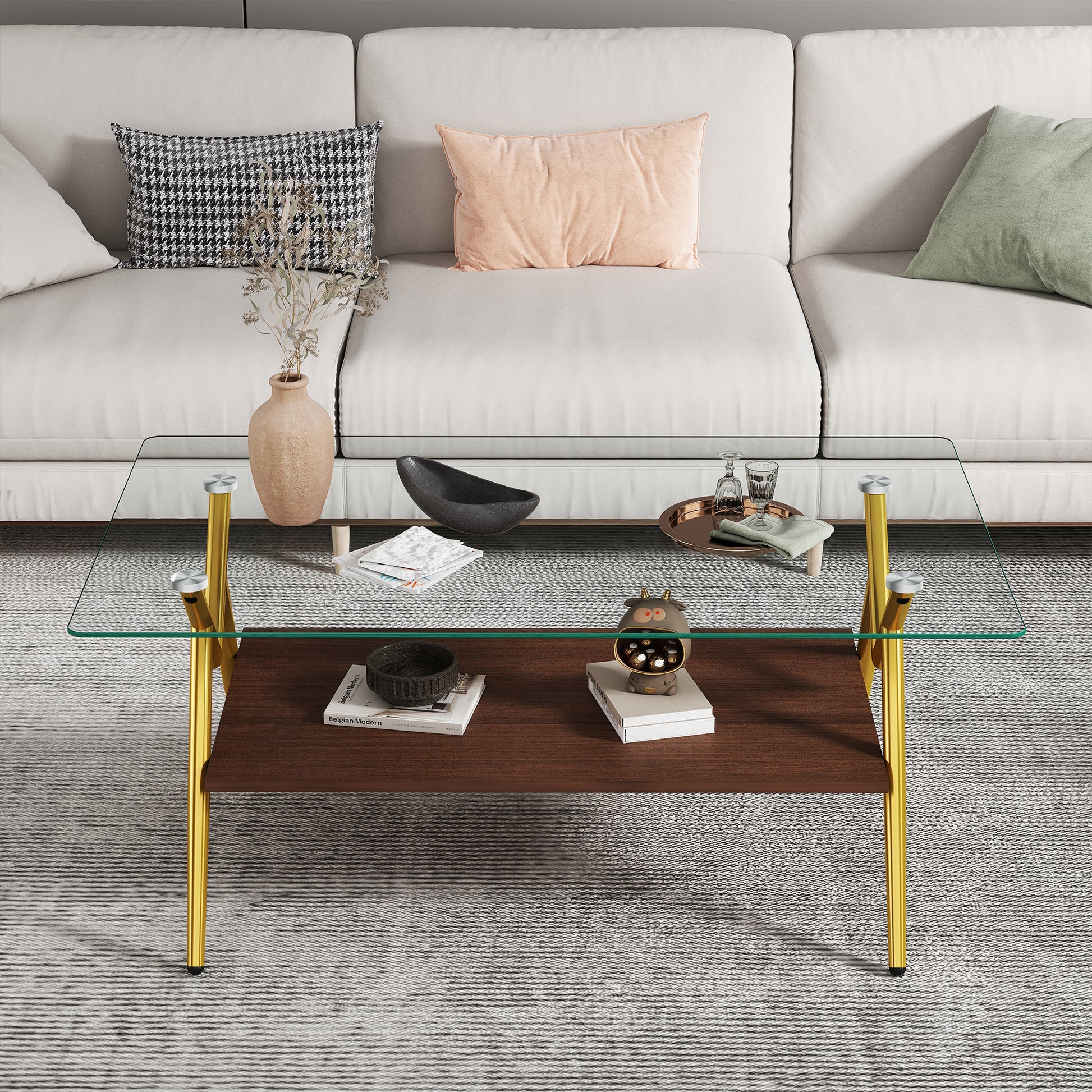 Rectangle Coffee Table with Tempered Glass top and Golden Metal Legs, Modern Table for Living Room, Transparent Glass image 4