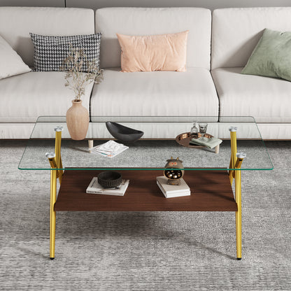 Rectangle Coffee Table with Tempered Glass top and Golden Metal Legs, Modern Table for Living Room, Transparent Glass image 4
