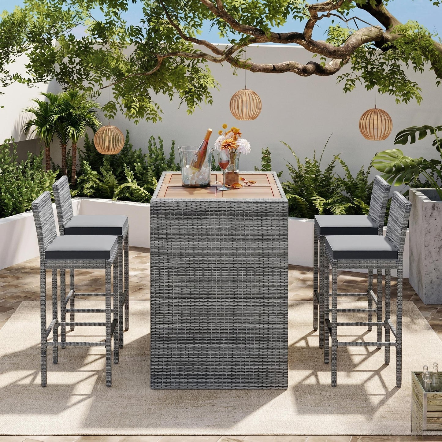 <Old SKU: FG201216AAE> GO 5-pieces Outdoor Patio Wicker Bar Set, Bar Height Chairs With Non-Slip Feet And Fixed Rope, Removable Cushion, Acacia Wood Table Top, Brown Wood And Gray Wicker image 2
