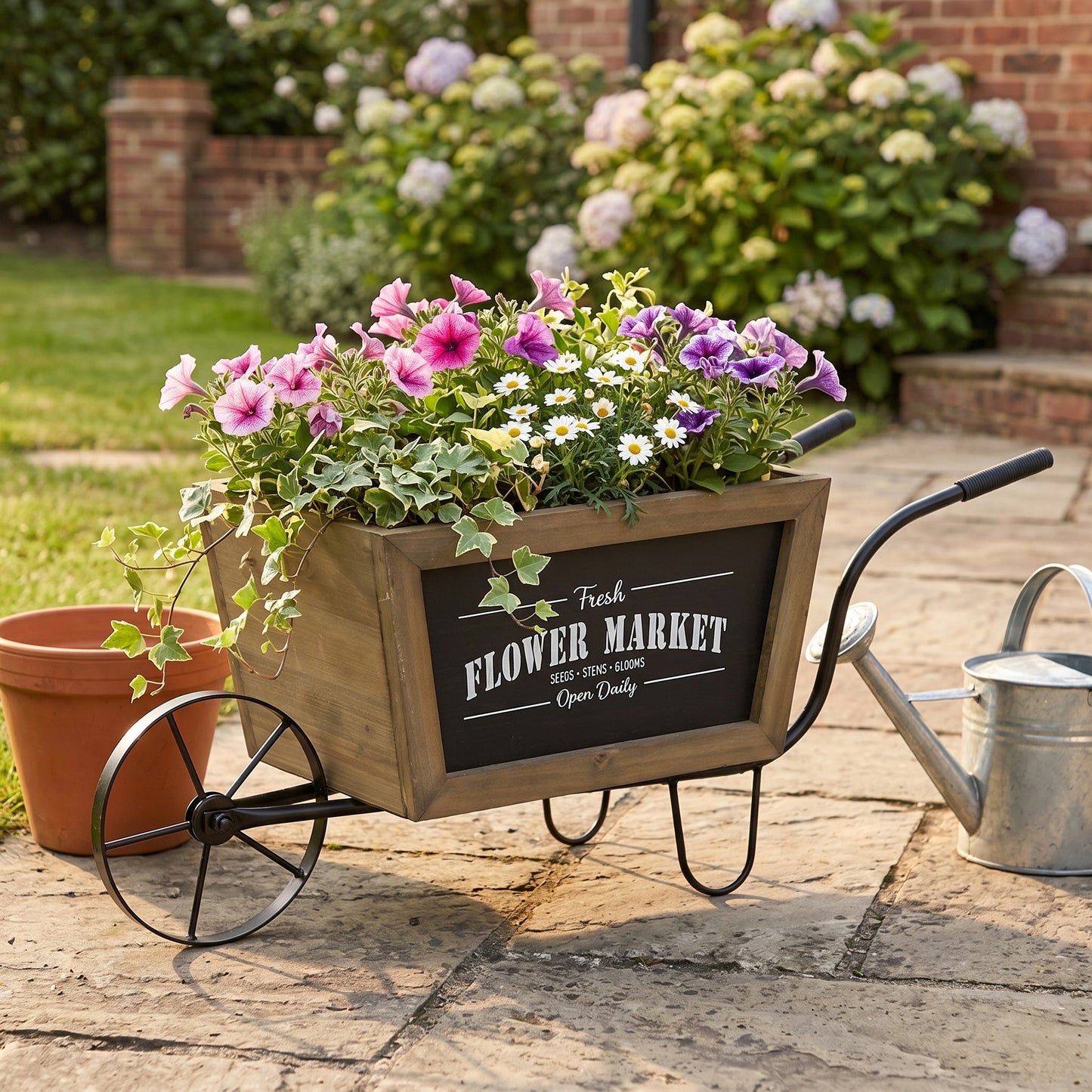 19.5x8x8.3" Brown Wooden Wheelbarrow Planter with Black Iron Frame image 6