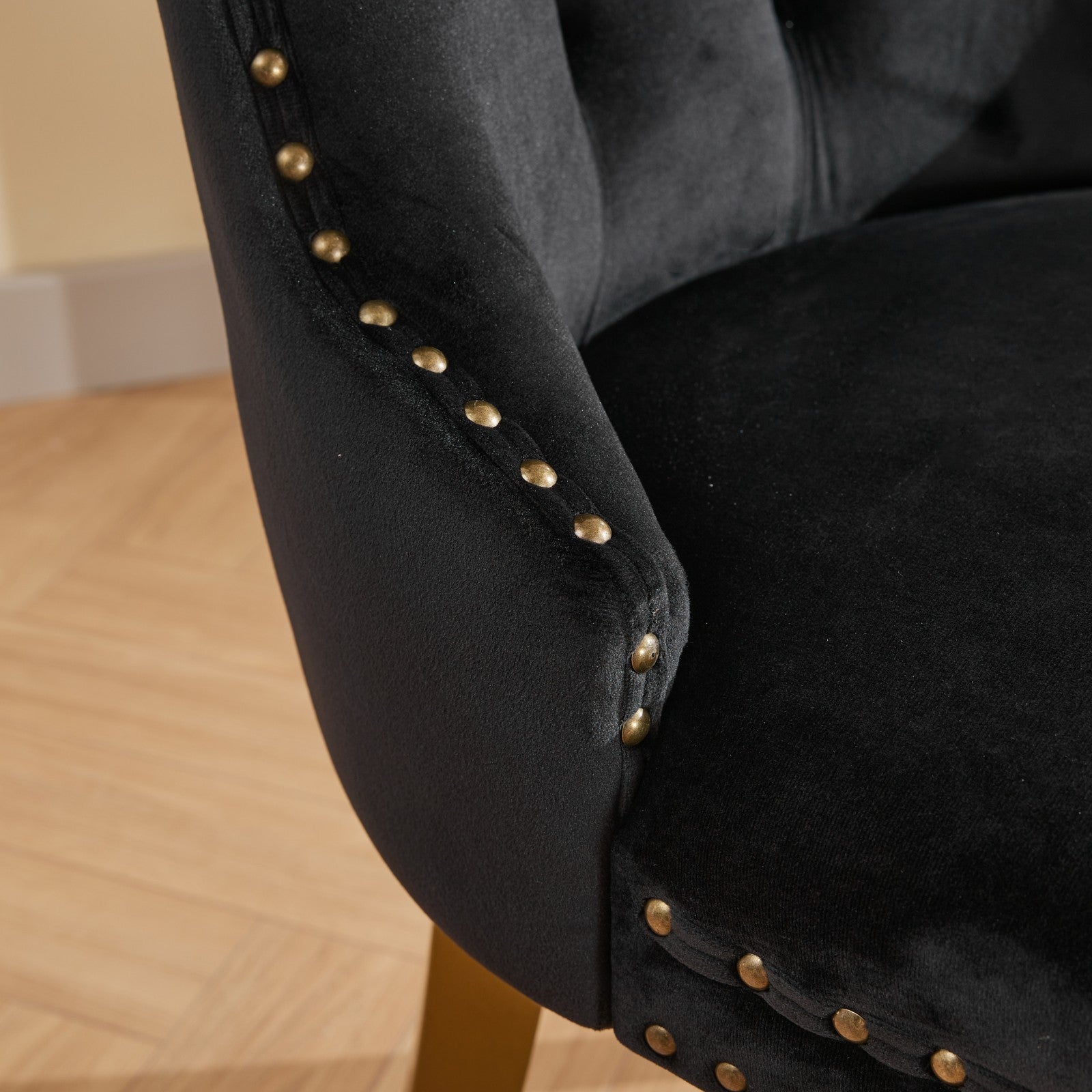 Mid-Century Modern Chairs with Lion Head Pull Ring,High-end Tufted Solid Wood Contemporary Velvet Upholstered Dining Chair with Golden Wooden Legs Nailhead Trim 2-Pcs Set,Black,SW1201BK image 11