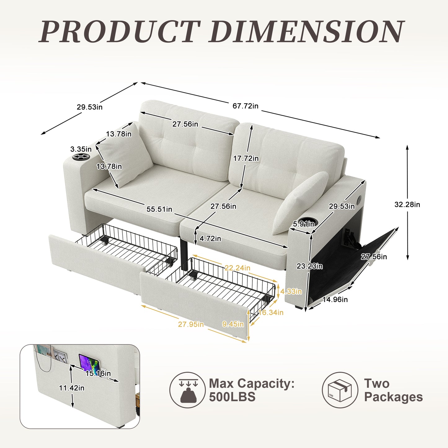 Sofas for Living Room, Couch Set,3 Seats Sofa, USB Charging,Wood Frame,Easy to Install,with Storage, Charging Station,Cup Holder,Modern Sectional Sofas for Living Room, Apartment,Chenille Fabric image 6