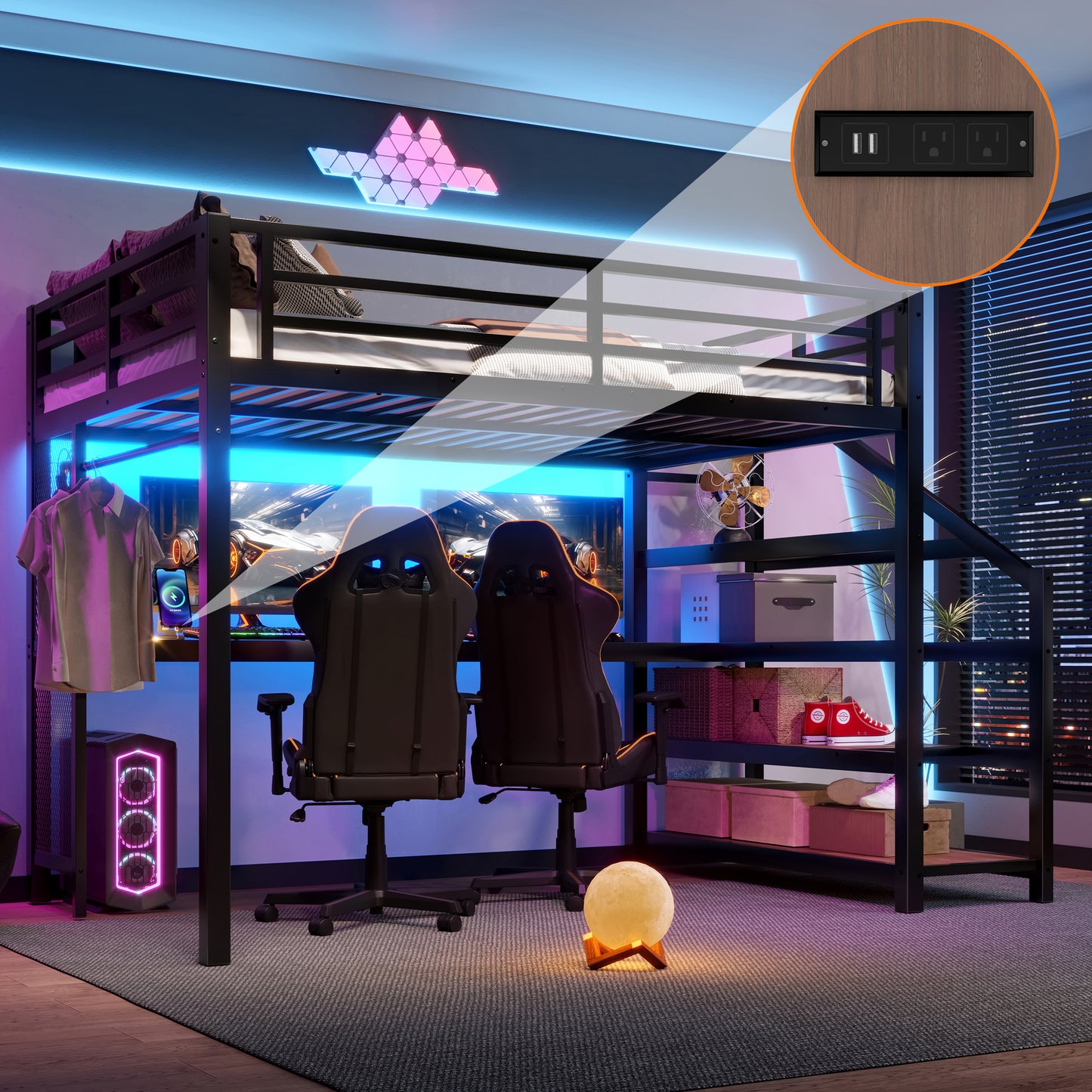 Full Loft Bed with Desk and Storage Stairs, Metal Loft Beds with LED Lights, USB Ports, Multifunctional Iron Nets, No Spring Box Needed and Noise-free, Black image 1