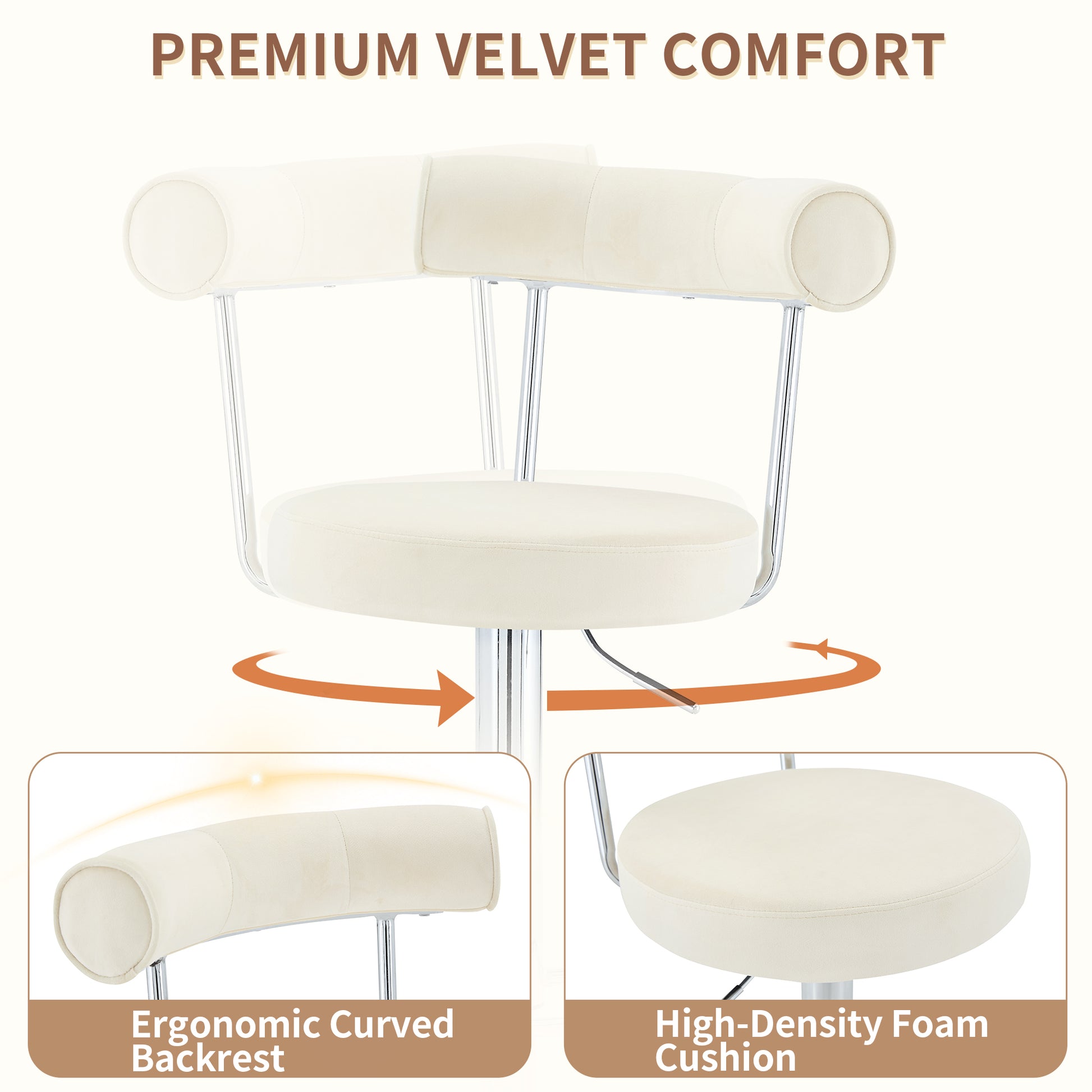 Soft Velvet Upholstered Swivel Adjustable Bar Chair with Chrome Silver Legs - Dining Room Living Room Bar Cafe Reception Desk Bar Stool(Off White, Set of 2) image 4