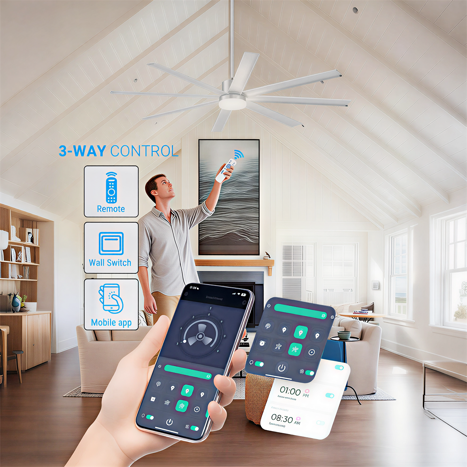 72 INCH Industrial PM DC Motor Ceiling Fan with Light, 8 PCS Aluminum Blades,6-Speed Remote Control, Adjust Height (3 Down rods) Commercial Ceiling Fan For Porch/Garage/Shop-Sliver image 7