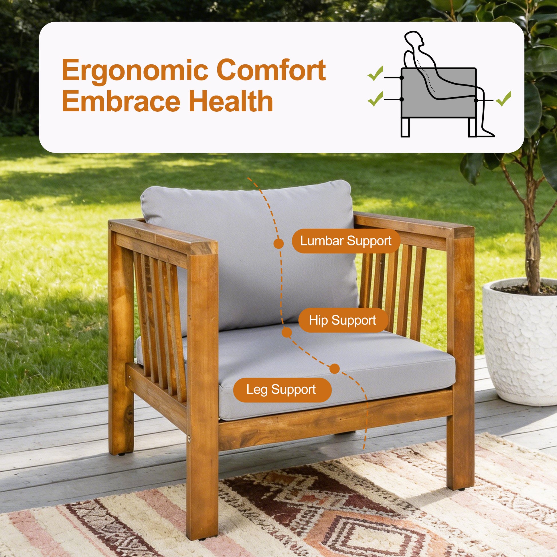 Outdoor Acacia Wood Club Chair with Modern Square Arms, Patio Chair with Thick Cushion, Adjustable Leveling Feet for Poolside, Backyard & Deck, Grey Cushion image 5