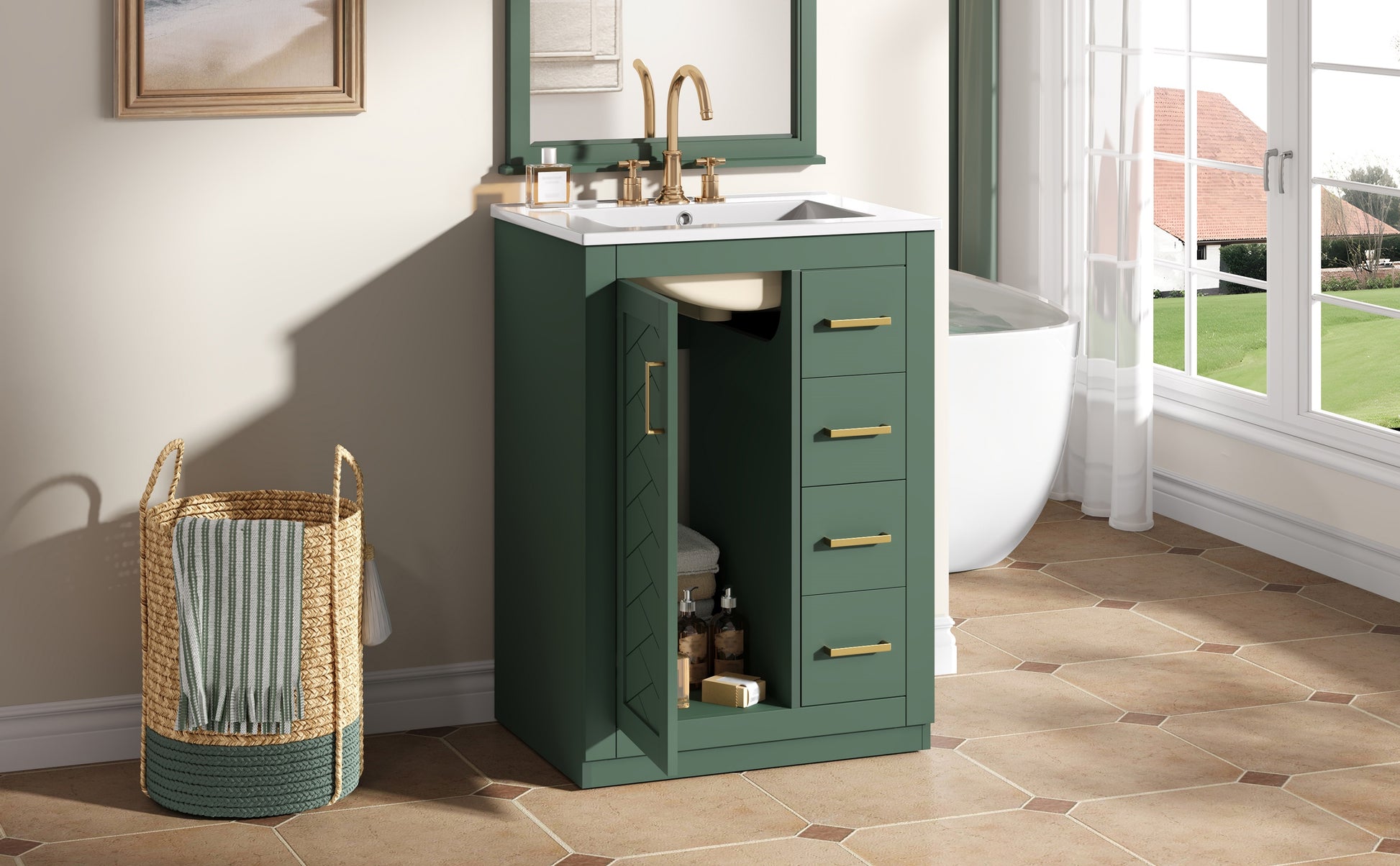 24" Bathroom Vanity with Integrated Ceramic Sink, Bathroom Cabinet with 1 Door, 3 Drawers, Single Sink Bathroom Vanity for Small and Medium Restroom, Green image 11