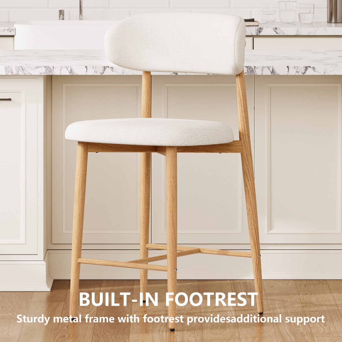 Counter Height Bar Stools Set of 2, Upholstered Counter Stools Modern Barstools with Metal Legs for Kitchen Island Dining Room, Beige image 9