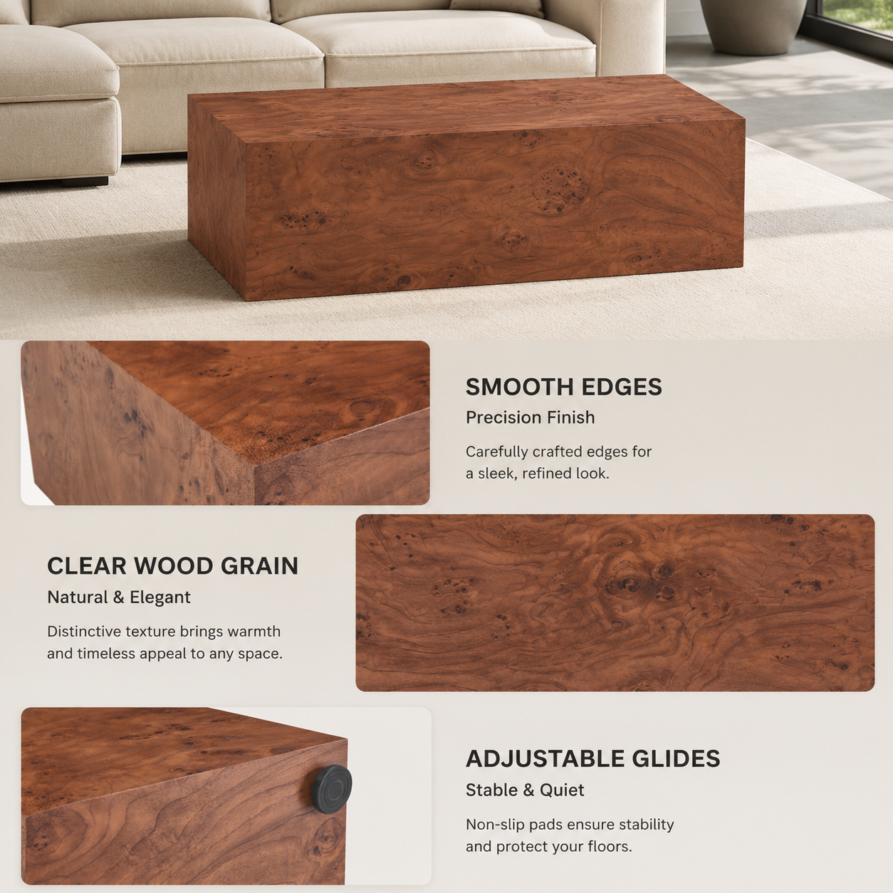 Premium Burl Walnut Veneer MDF Cube Table, Height Adjustable Multi-purpose Coffee Side End Table for Living Room, 39.4"×21.7"×11.8", No Extra Items Included image 8