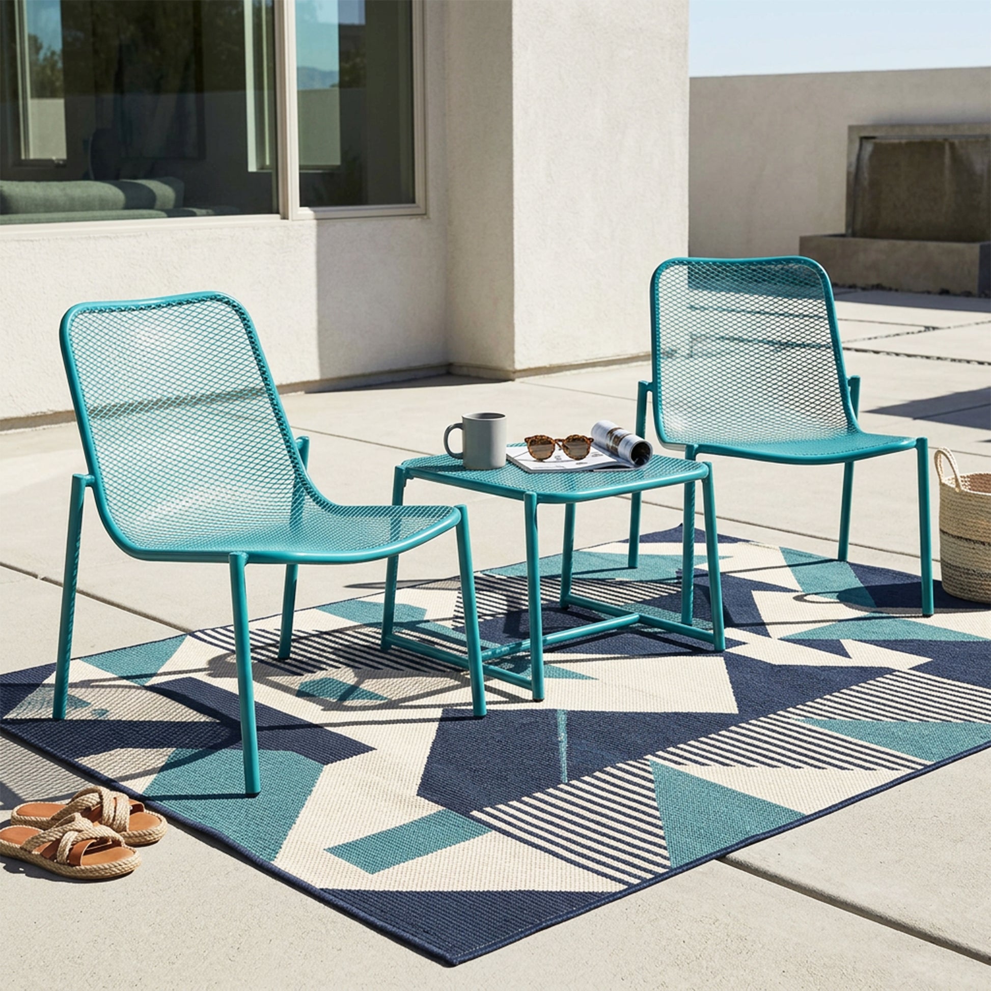 Kincaid Outdoor 3-Piece Conversation Set with IRON Frame - 2 Mesh Chairs & 1 Side Table, Matte Teal Finish image 1