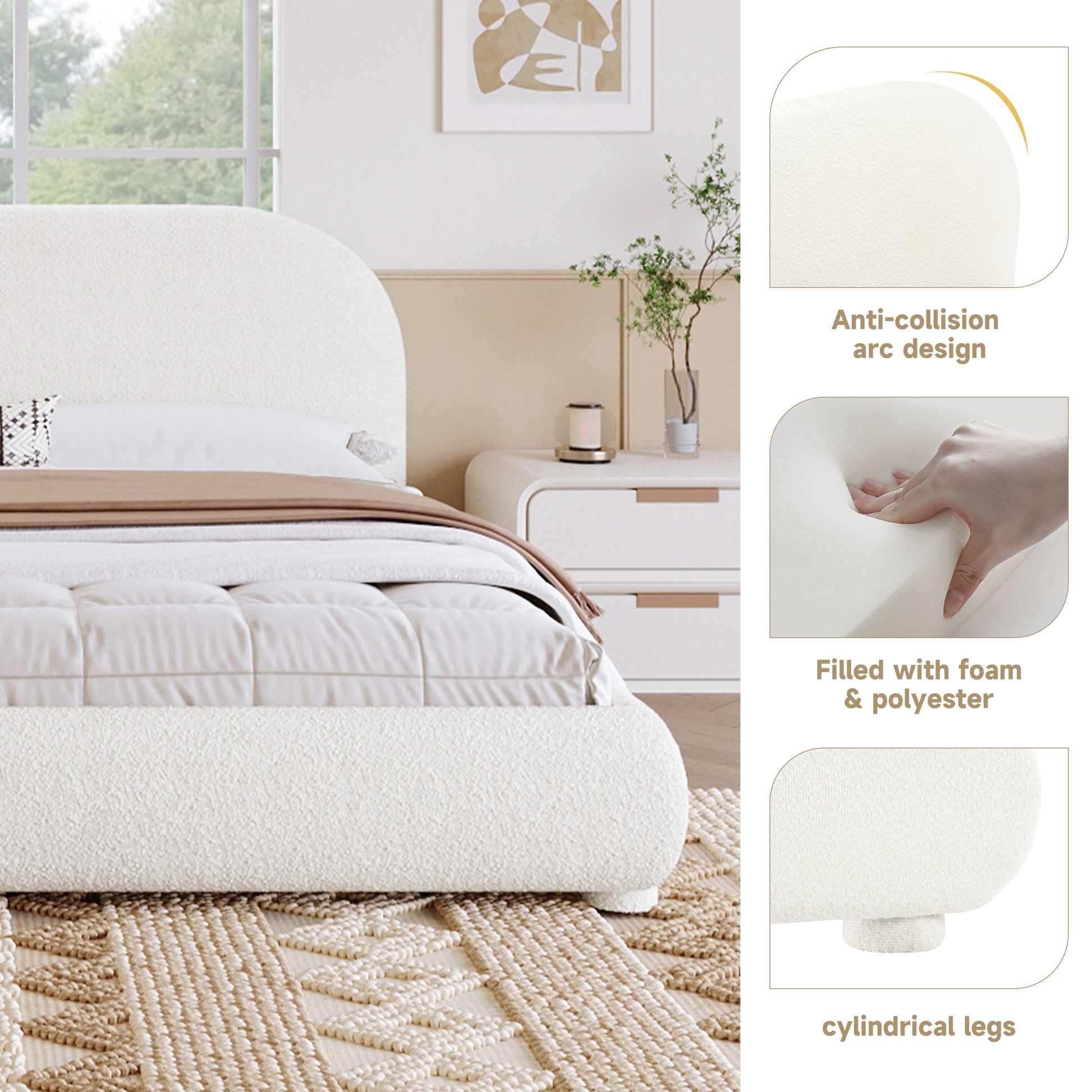 Cream Style Fabric Upholstered Bed, Simple Modern Bedroom Double Bed,King image 3