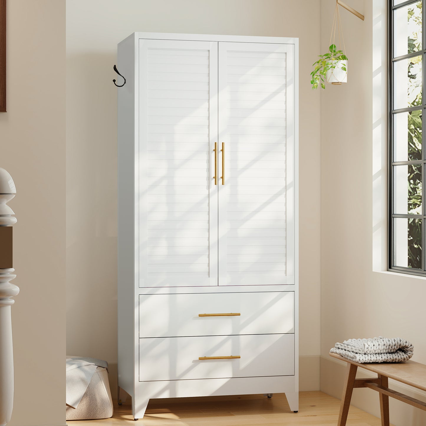 White Metal Wardrobe Closet with 2 Doors and Drawers, 71″ Tall Storage Cabinet for Bedroom, Lightweight Portable Closet for Small Apartments, Dorm, Renters, Cold Rolled Steel, Easy Assembly image 12