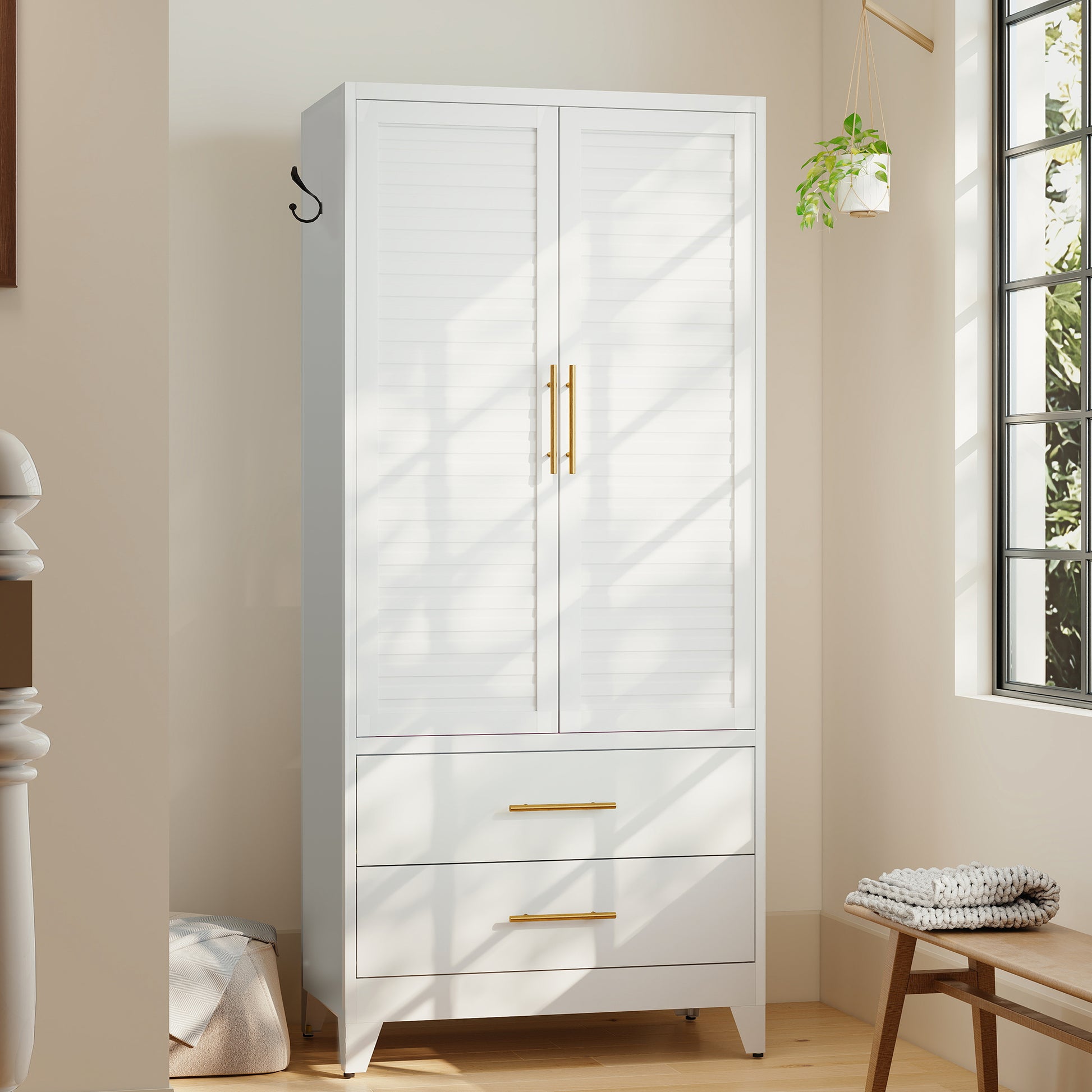 White Metal Wardrobe Closet with 2 Doors and Drawers, 71″ Tall Storage Cabinet for Bedroom, Lightweight Portable Closet for Small Apartments, Dorm, Renters, Cold Rolled Steel, Easy Assembly image 12