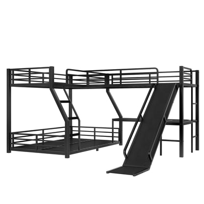L-Shaped Twin over Full Bunk Bed with Twin Size Loft Bed, Metal Triple Bunk Bed with Slide and USB Ports, Space-saving and Noise-free Design, Black image 6