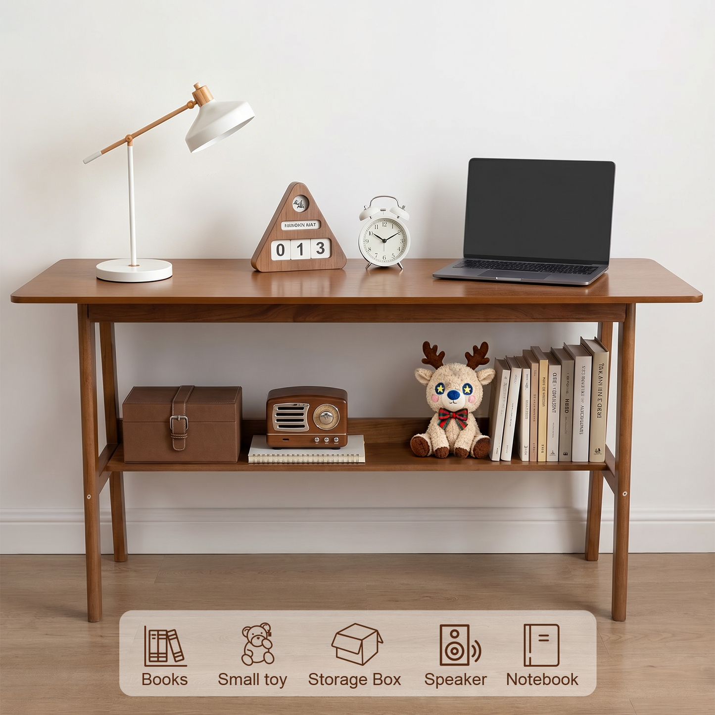63" Simple Modern Extra Long 2 Person Computer Workstation, Mid Century Long Desk Table with Storage Shelves for Home Office Use in Walnut image 4
