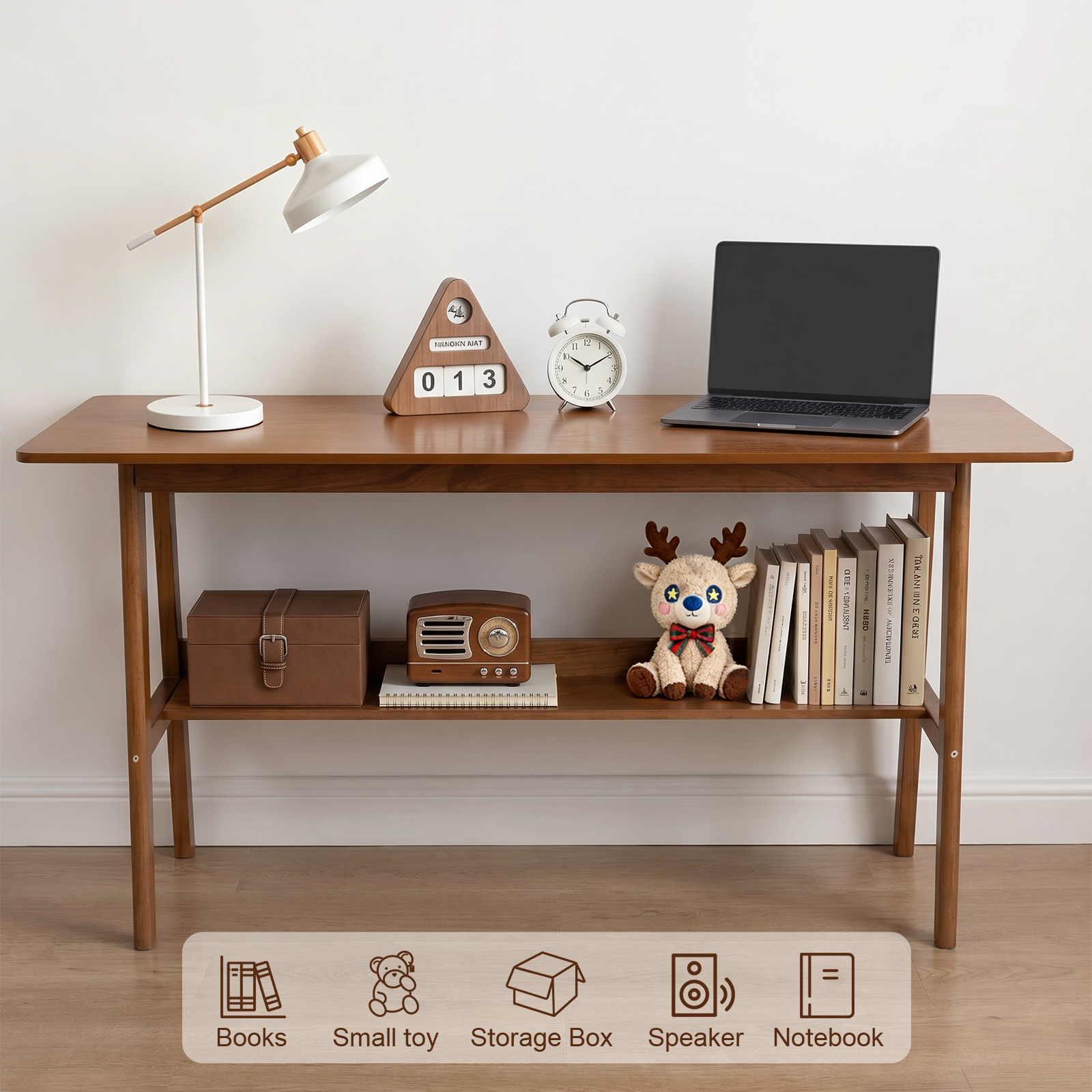 63" Simple Modern Extra Long 2 Person Computer Workstation, Mid Century Long Desk Table with Storage Shelves for Home Office Use in Walnut image 4