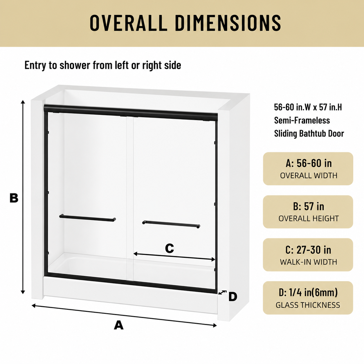 56-60" W x 57" H Framed Double Sliding Bathtub Door, 1/4" (6mm) Clear Tempered Glass with Safety Film and Nano Coating, Waterproof Seals, Matte Black image 3