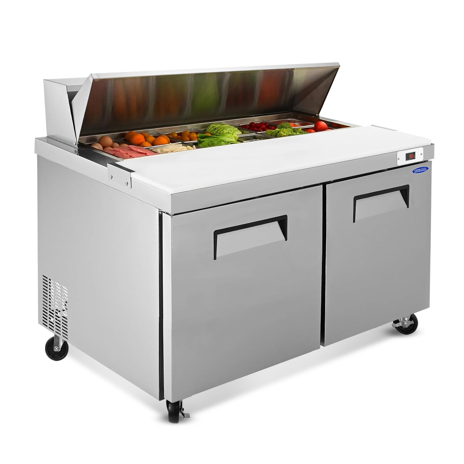 Orikool 60 IN Commercial Refrigerators Sandwich&Salad Prep Table with a Butcher Block Cutting Board, Protection Lid, Cold Storage, ETL Certified image 1
