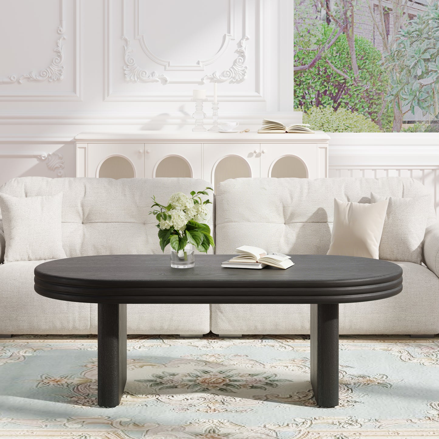 Mid Century Modern Oval Fluted Coffee Table, Farmhouse Wood Coffee Table, Cocktail Table, Center Table for Living Room, Office, Home Decor(Black, 23.62" D x 47.24" W x 16.34" H) image 2