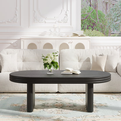 Mid Century Modern Oval Fluted Coffee Table, Farmhouse Wood Coffee Table, Cocktail Table, Center Table for Living Room, Office, Home Decor(Black, 23.62" D x 47.24" W x 16.34" H) image 2