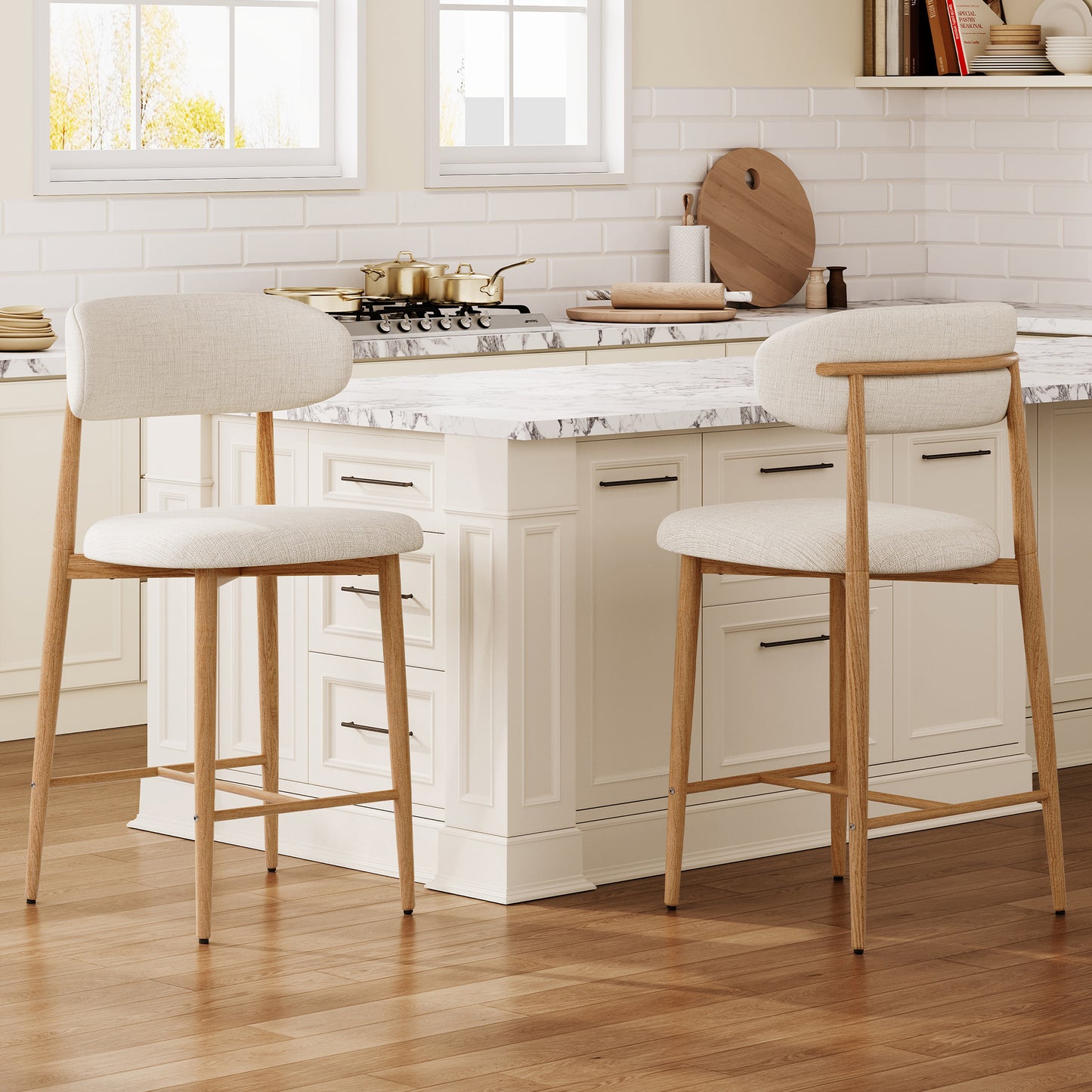 Counter Height Bar Stools Set of 2, Upholstered Counter Stools Modern Barstools with Metal Legs for Kitchen Island Dining Room, Beige image 1