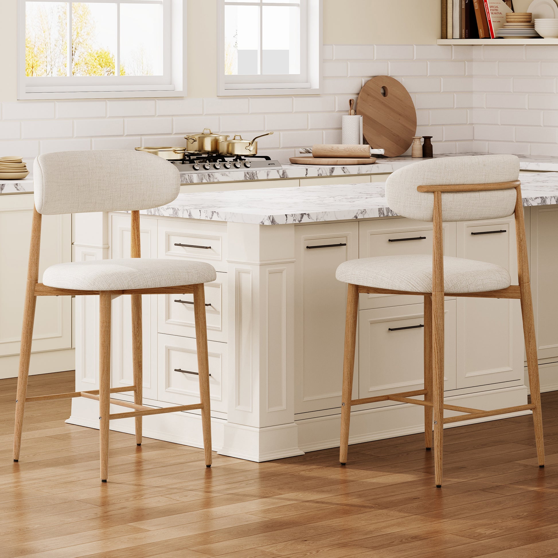 Counter Height Bar Stools Set of 2, Upholstered Counter Stools Modern Barstools with Metal Legs for Kitchen Island Dining Room, Beige image 1