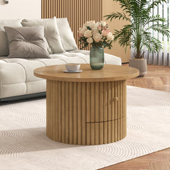 Round Coffee Table for Living Room in Natural, Farmhouse Coffee Table with a Drawer,  Center Table with Vertical Slat Base in 30.5"
