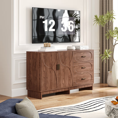 59.1" Buffet Sideboard with 2 Doors and 3 Drawers, Walnut Finish with Oval Grain Texture, Farmhouse Storage Cabinet for Dining Room Living Room Hallway, Large Space Accent Furniture, Easy Assembly image 2