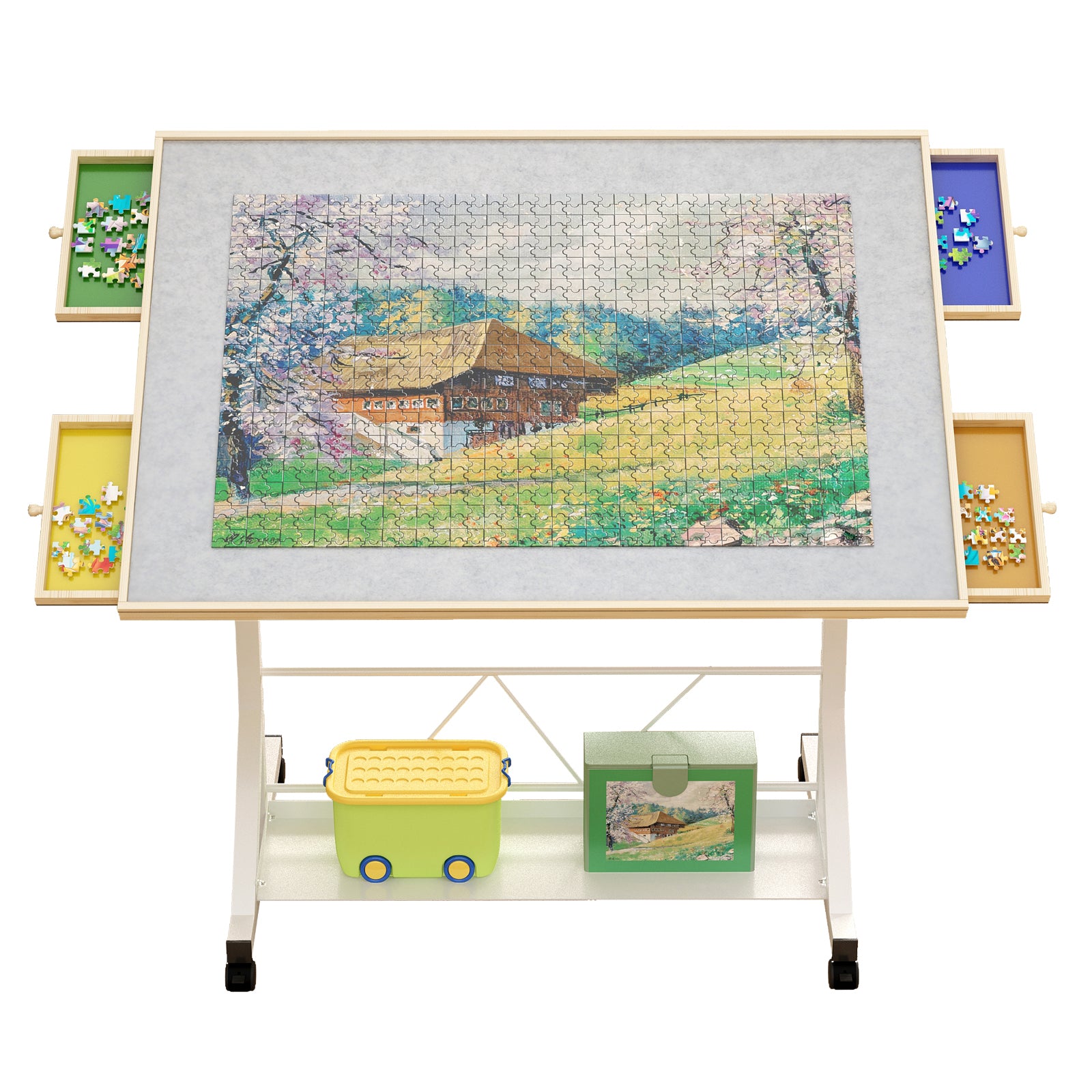 (WHITE) Wooden 1500 Piece Puzzle Table with Drawer, 35"*27.17" Adjustable Puzzle Table, 360° Tilting Puzzle Table with Legs and Wheels, Adjustable Height and Angle, with Protective Cover image 12