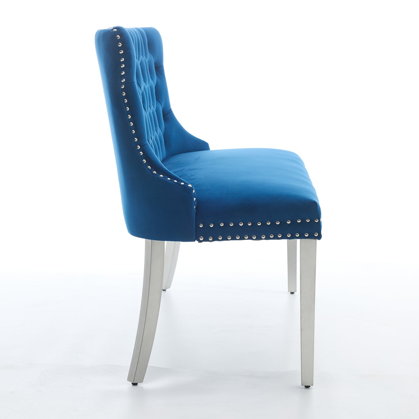 Velvet Double Dining Loveseat Bench, Kitchen & Dining Seating, 2-Seat Tufted Bench w/Handmade Buttons, Wing Back, Brushed Silver Stainless Steel Legs, Mid Century Modern,Single Pack,Blue,SW1702BL image 5