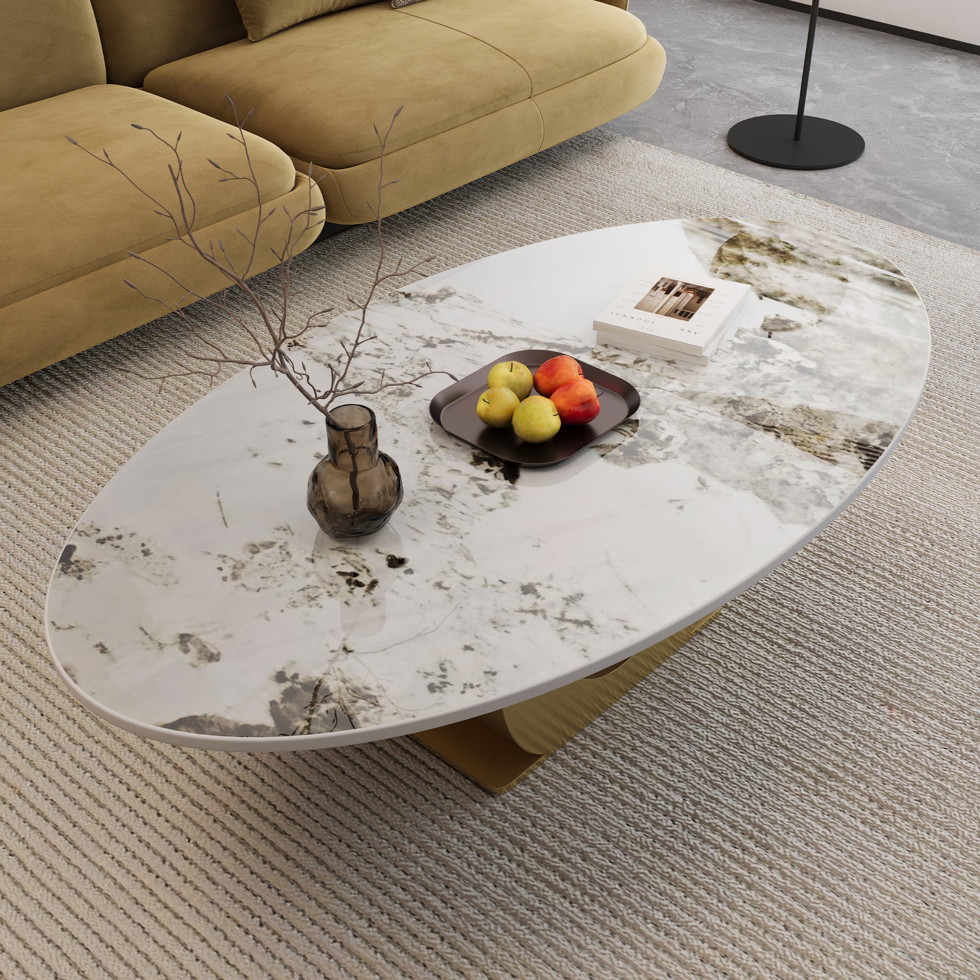Modern 49.2" Oval Sintered Stone Coffee Table with Stainless Steel Base, Center Table for Living Room image 6