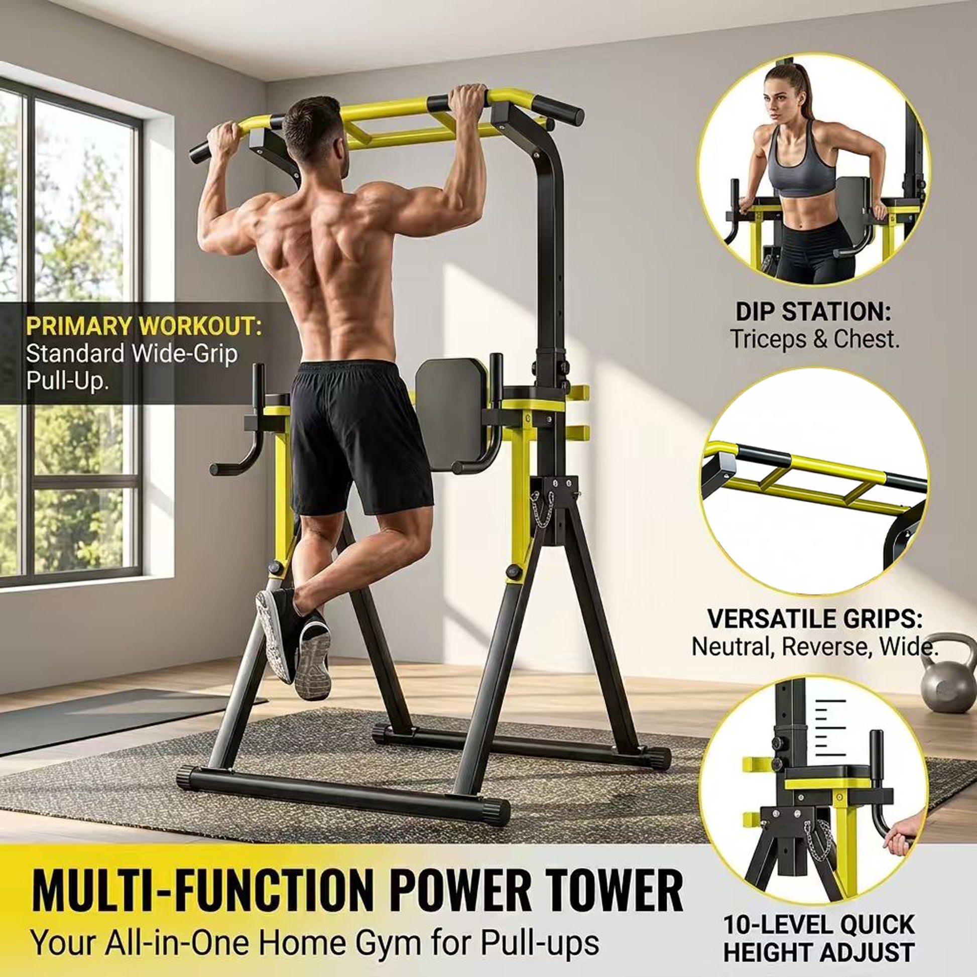 Power Tower Pull Up Bar Station, 10-Level Adjustable Height Dip Station, Heavy-duty Frame Structure,Multi-Functional Home Gym Strength Training Equipment image 8