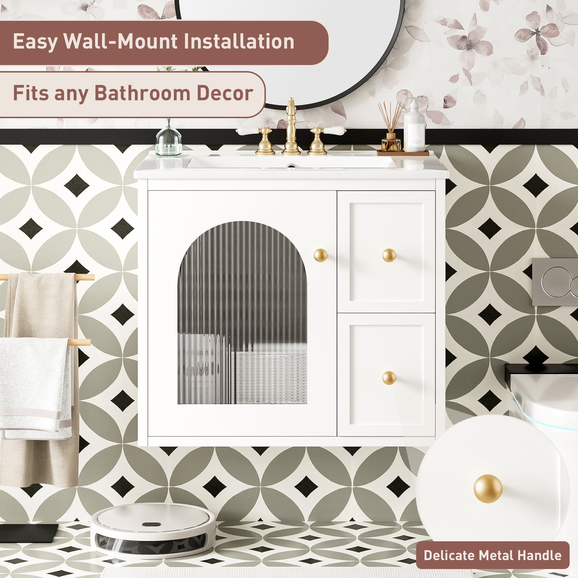 24" Bathroom Vanity Set Wall Mounted for Small Space, Bathroom Cabinet with Ceramic Sink, 2 Drawers and 1 Soft-Close Door image 7