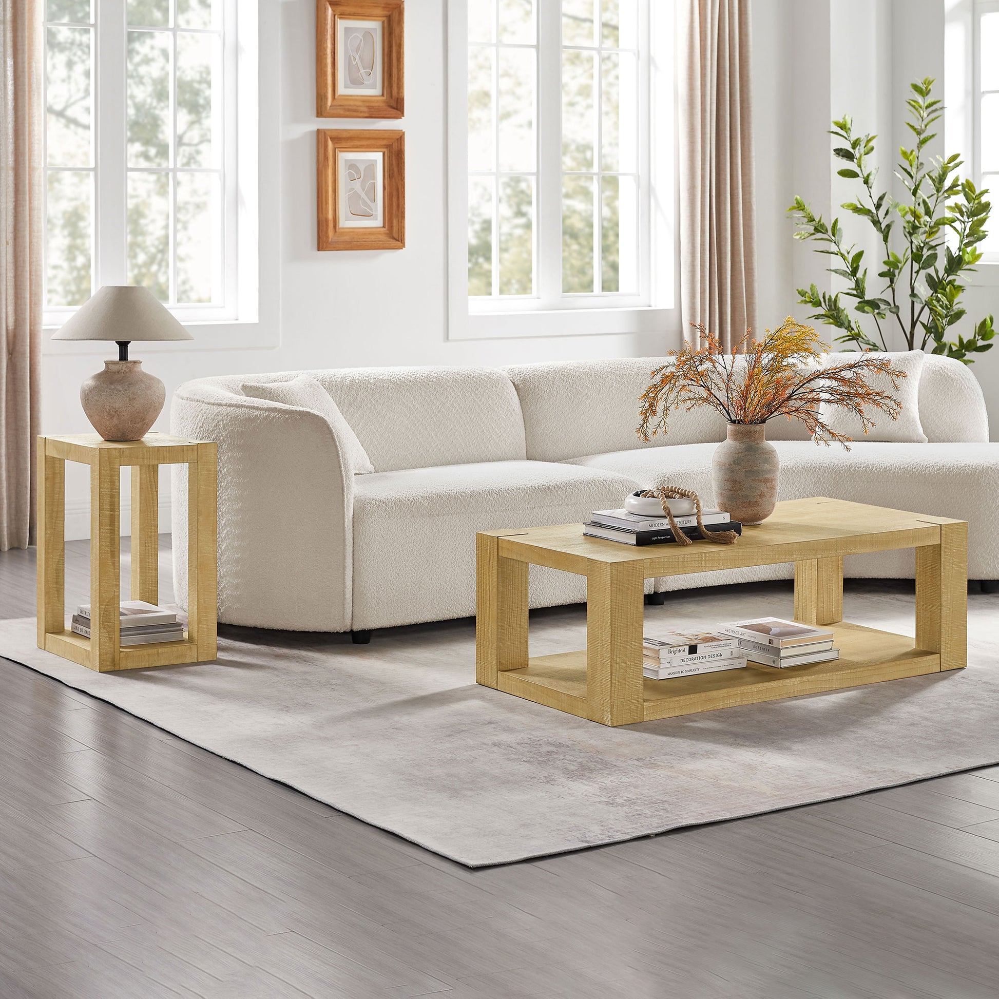 2-Piece Modern 2 tier Rectangle Coffee Table Set for Living Room,Easy Assembly Coffee Tables, End Side Tables for Bedroom Office,Natural Color image 3
