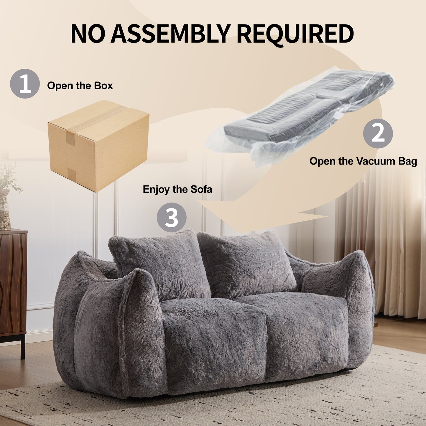 Giant Bean Bag Couch for Adults, Ultra Soft Fluffy Loveseat Bean Bag Sofa, Oversized Chase Lounge Chair Indoor for Living Room Bedroom, No Assembly Required Cozy Reading Chair with Pillows, Grey image 7