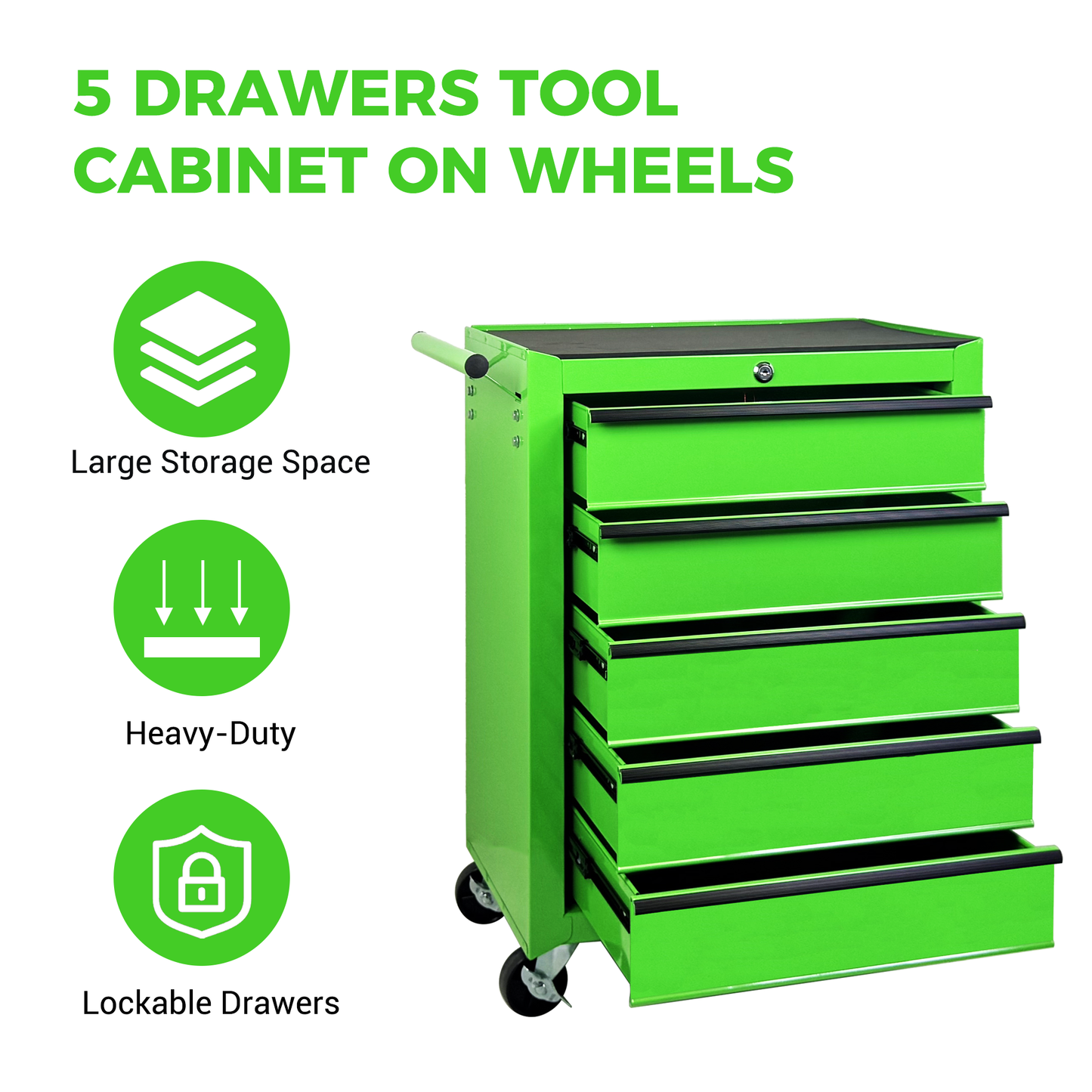 Rolling Metal Tool Chest with 5 Drawers, 20" 5-Drawer Tool Chest Cabinet with Ball Bearing Drawer Slides, Steel Tool Storage Box Organizer -GREEN image 7