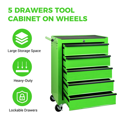Rolling Metal Tool Chest with 5 Drawers, 20" 5-Drawer Tool Chest Cabinet with Ball Bearing Drawer Slides, Steel Tool Storage Box Organizer -GREEN image 7