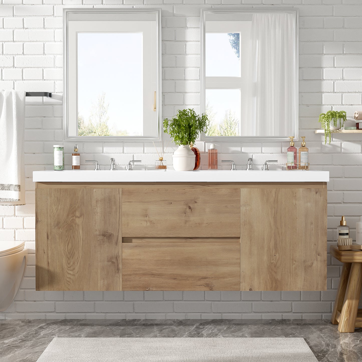 [Video]59.3 Inch Double Sink Bathroom Vanity with SMC Top, MDF Cabinet, Soft Close Doors, Divided Drawers, Wall-Mounted Modern Storage Vanity for Large Bathrooms image 1