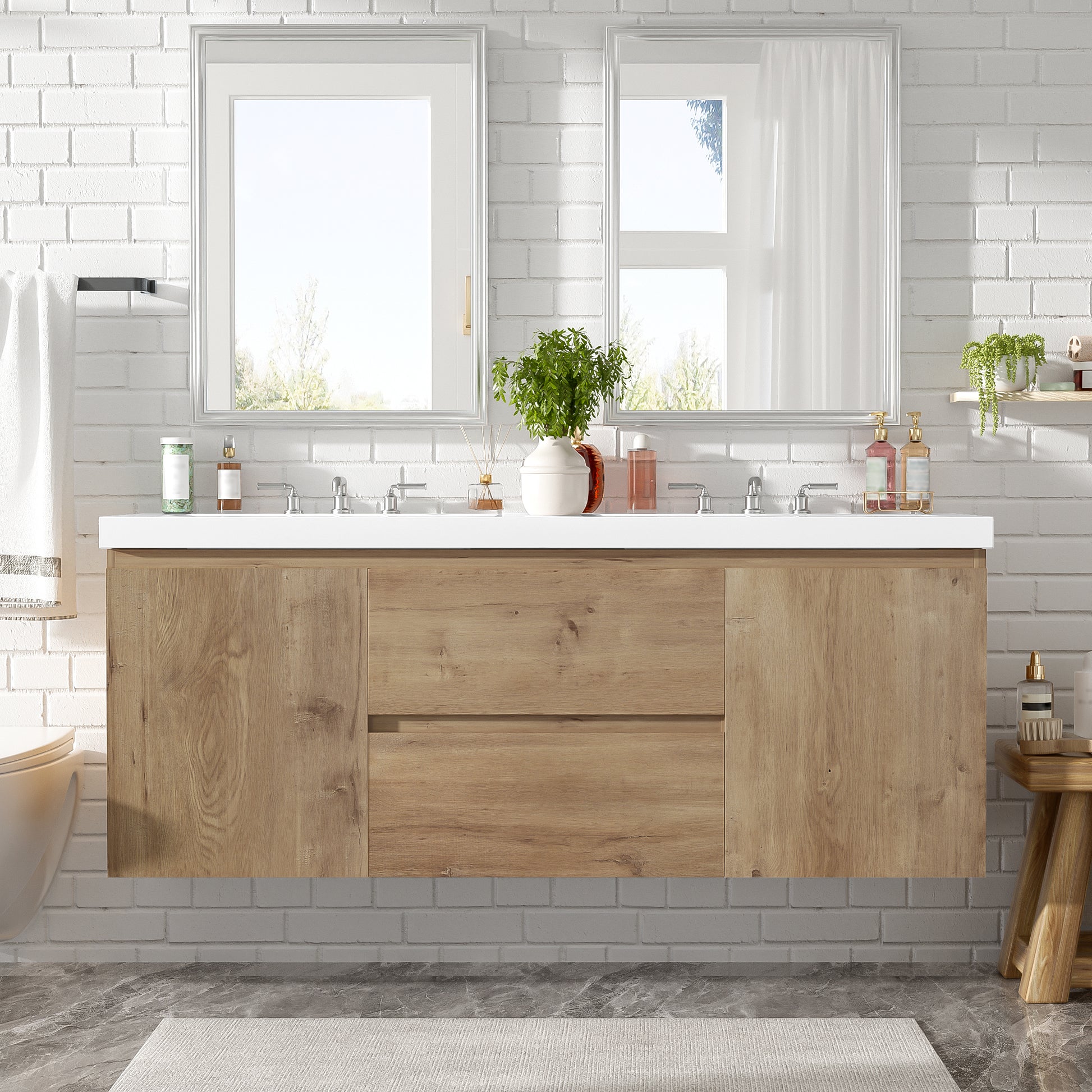 [Video]59.3 Inch Double Sink Bathroom Vanity with SMC Top, MDF Cabinet, Soft Close Doors, Divided Drawers, Wall-Mounted Modern Storage Vanity for Large Bathrooms image 1
