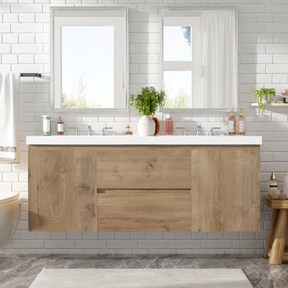 [Video]59.3 Inch Double Sink Bathroom Vanity with SMC Top, MDF Cabinet, Soft Close Doors, Divided Drawers, Wall-Mounted Modern Storage Vanity for Large Bathrooms image 1