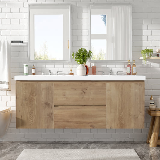 [Video]59.3 Inch Double Sink Bathroom Vanity with SMC Top, MDF Cabinet, Soft Close Doors, Divided Drawers, Wall-Mounted Modern Storage Vanity for Large Bathrooms image 1