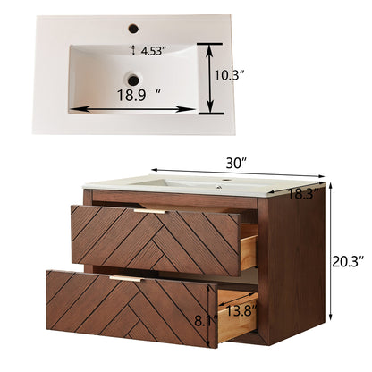 30" Pre-Assembled Wall Mounted & Floating Single Vanity Cabinet with 1-Hole Ceramic Top(Old SKU W1826P343433) image 8