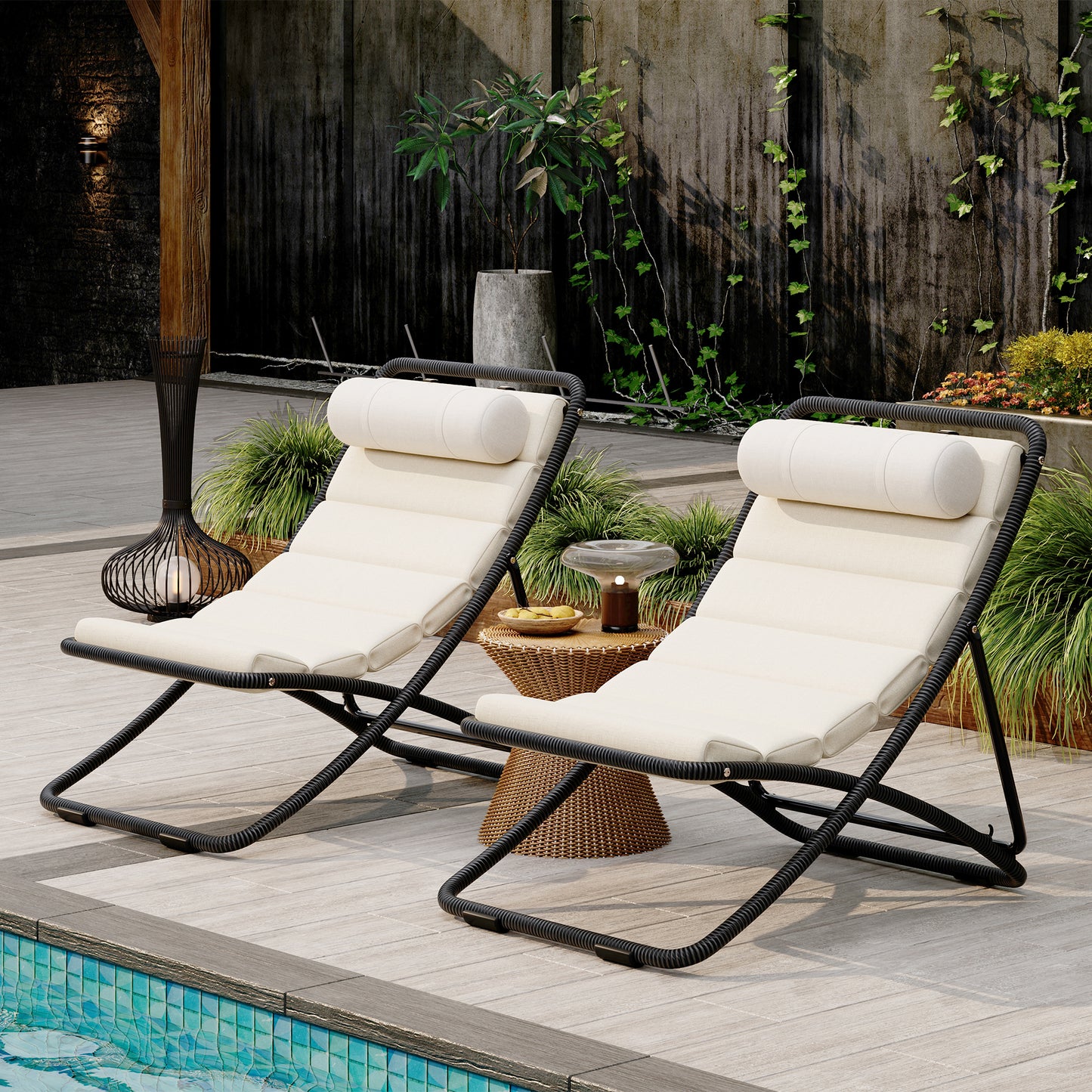 TREXM 2-Pieces Outdoor Folding Chair, Rattan-Wrapped Patio Chair with Adjustable Backrest, Thick Cushion, and Detachable Headrest,for the Poolside, Beach, Backyard, Decck, and Camping (Black) image 12