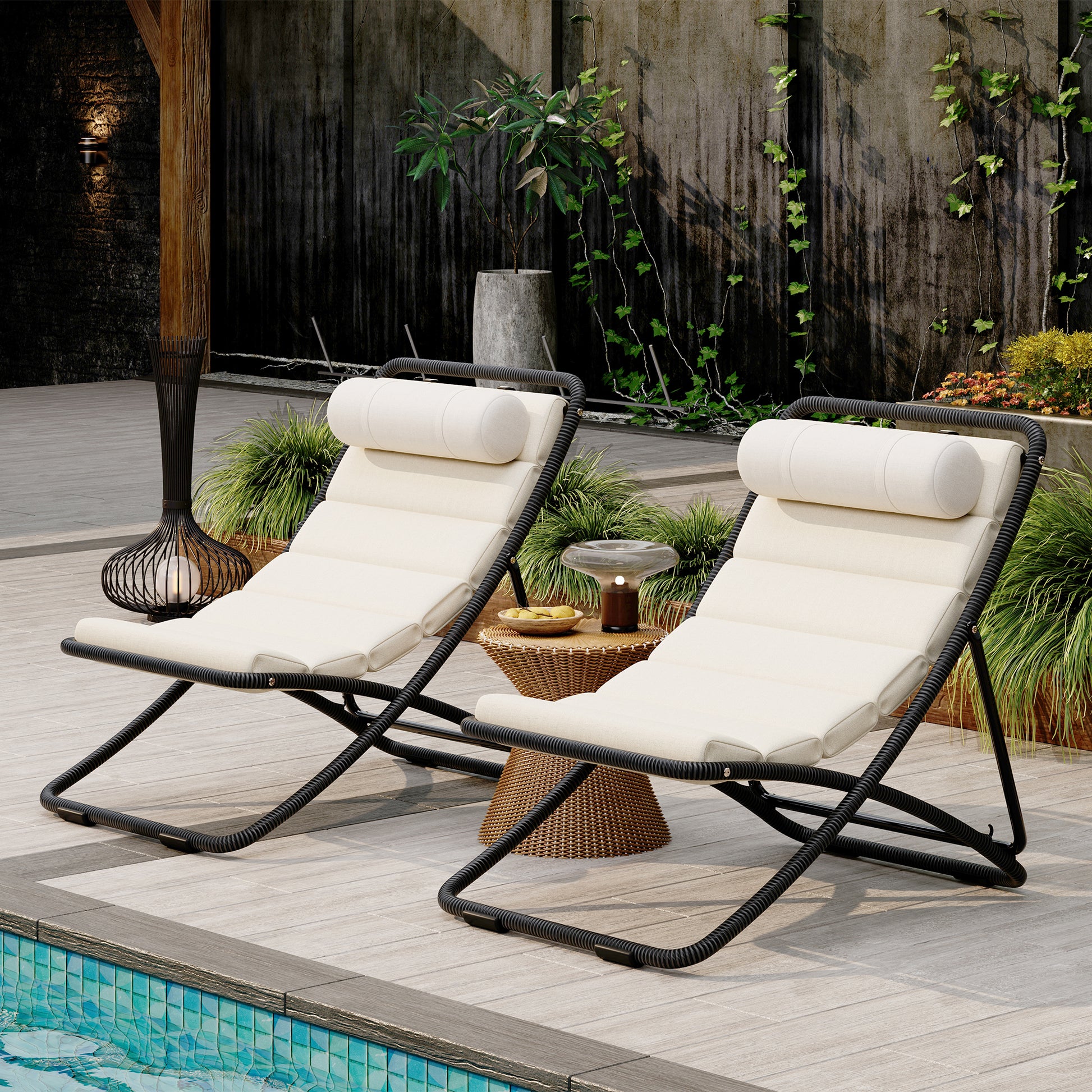 TREXM 2-Pieces Outdoor Folding Chair, Rattan-Wrapped Patio Chair with Adjustable Backrest, Thick Cushion, and Detachable Headrest,for the Poolside, Beach, Backyard, Decck, and Camping (Black) image 12