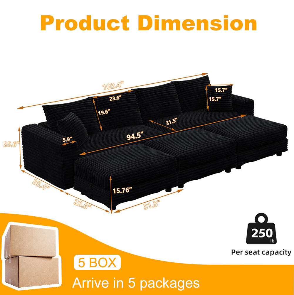 102.4 "Plush Corduroy 4-Seat Sofa,Modern Comfy Upholstered Sofa Cloud Couch,Deep Seat Couches with Soft Pillows and 3 Ottomans,Convertible Sofa Lounge Chair,Black(Old SKU:W1885S00287) image 5