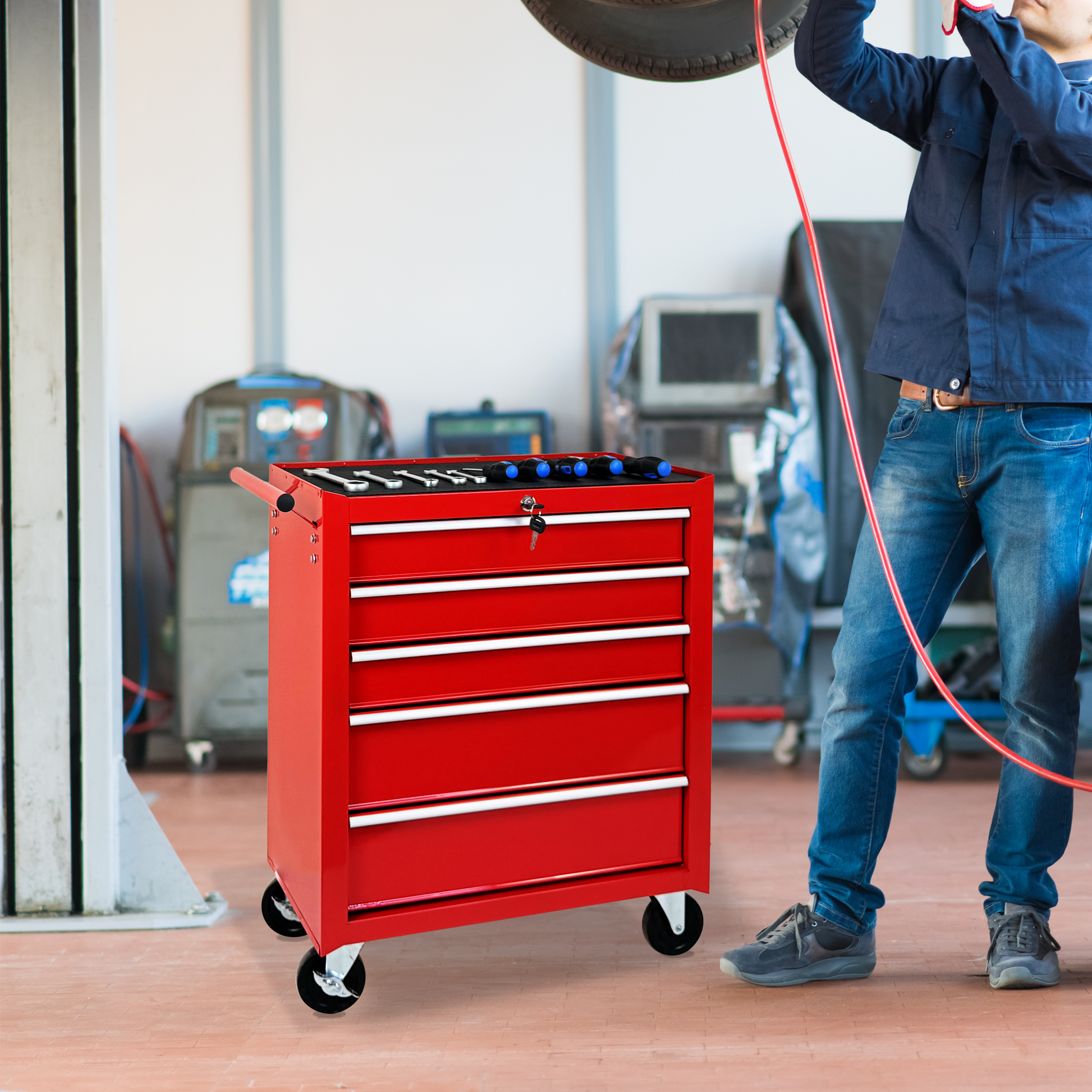 5-Drawer Rolling Tool Chest w/Lock & Key, Tool Storage Cabinet with Wheels, Top Cushion & Drawer Liners, Tool Organizer Box for Garage, Warehouse & Repair Shop-RED image 5